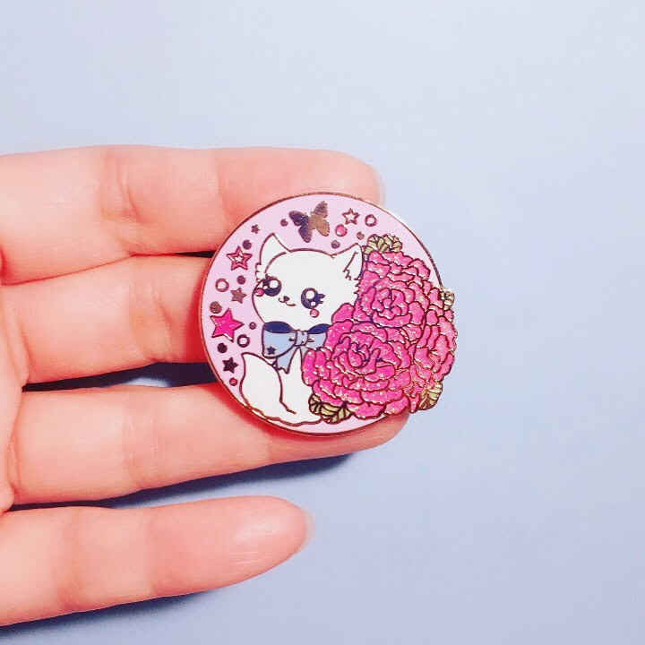 Pink Foxy Kitty Cat Flowers Glitter Tiny Metal Cartoon Pin Badge Twist Cap Style